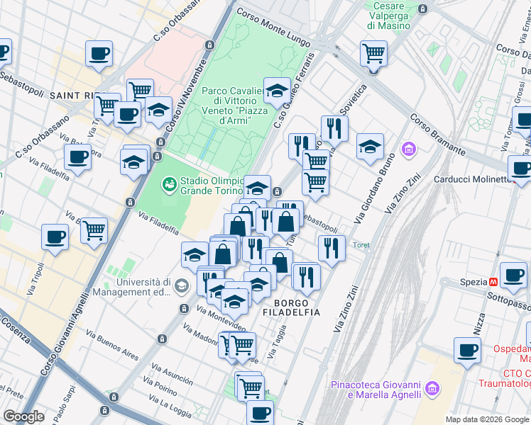 map of restaurants, bars, coffee shops, grocery stores, and more near 6 Via Mario Crimi in Torino