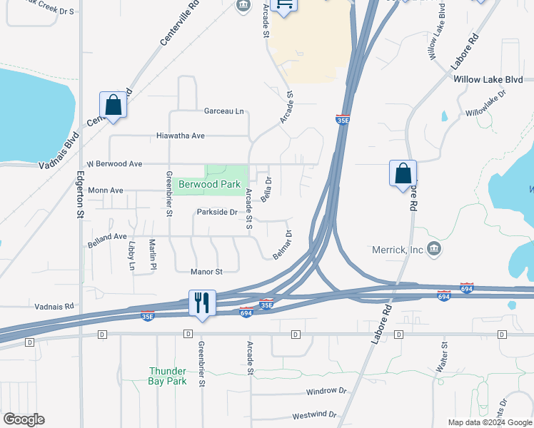 map of restaurants, bars, coffee shops, grocery stores, and more near 822 Woodgate Drive in Saint Paul