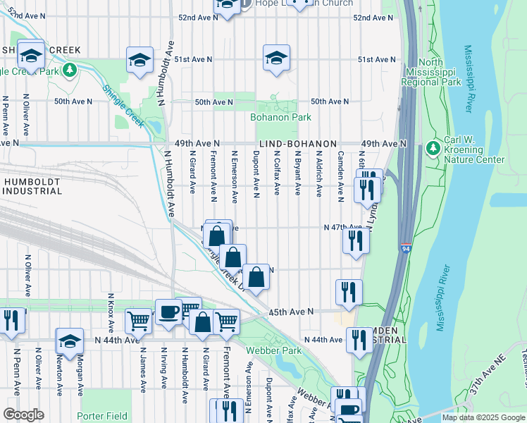 map of restaurants, bars, coffee shops, grocery stores, and more near 1020 North 47th Avenue in Minneapolis