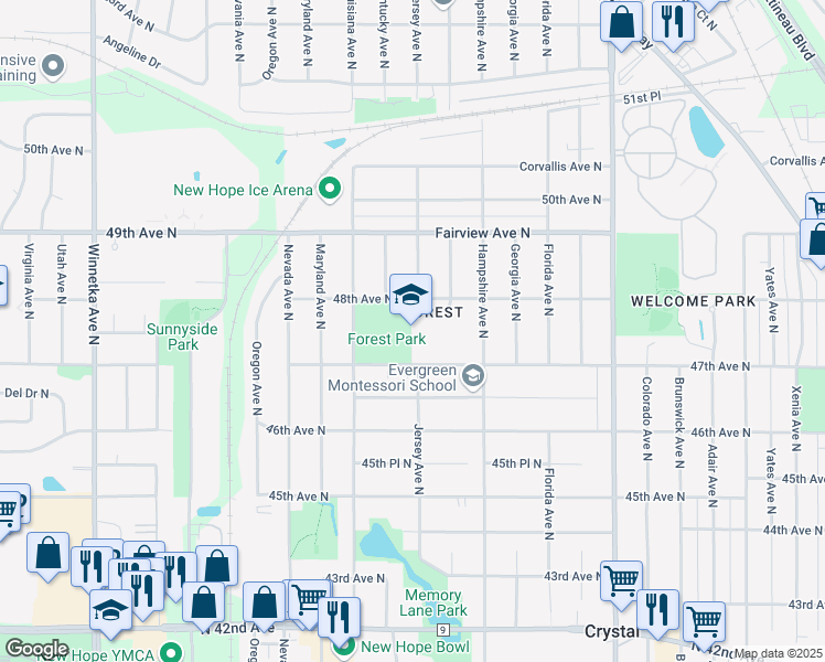 map of restaurants, bars, coffee shops, grocery stores, and more near 6800 47th Avenue North in Crystal