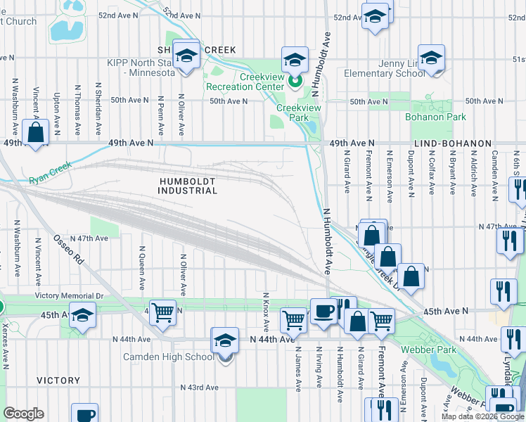 map of restaurants, bars, coffee shops, grocery stores, and more near 1700 North 47th Avenue in Minneapolis