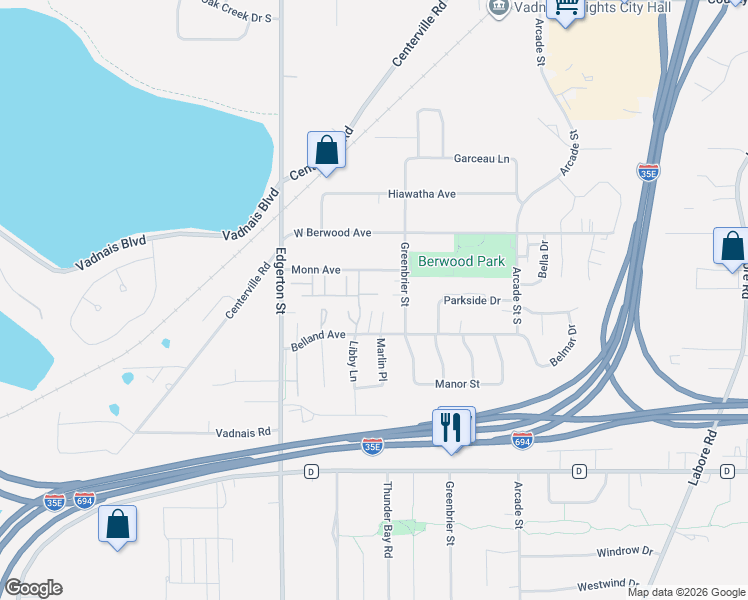 map of restaurants, bars, coffee shops, grocery stores, and more near 693 Belland Avenue in Vadnais Heights