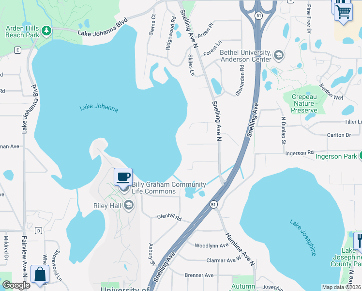 map of restaurants, bars, coffee shops, grocery stores, and more near 1482 Bussard Court in Arden Hills
