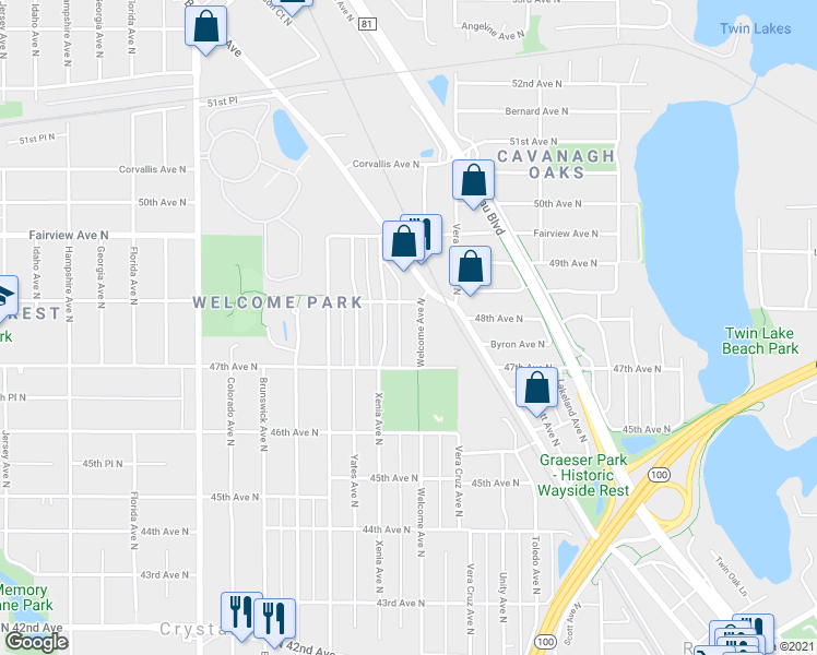 map of restaurants, bars, coffee shops, grocery stores, and more near 4712 Xenia Avenue North in Minneapolis