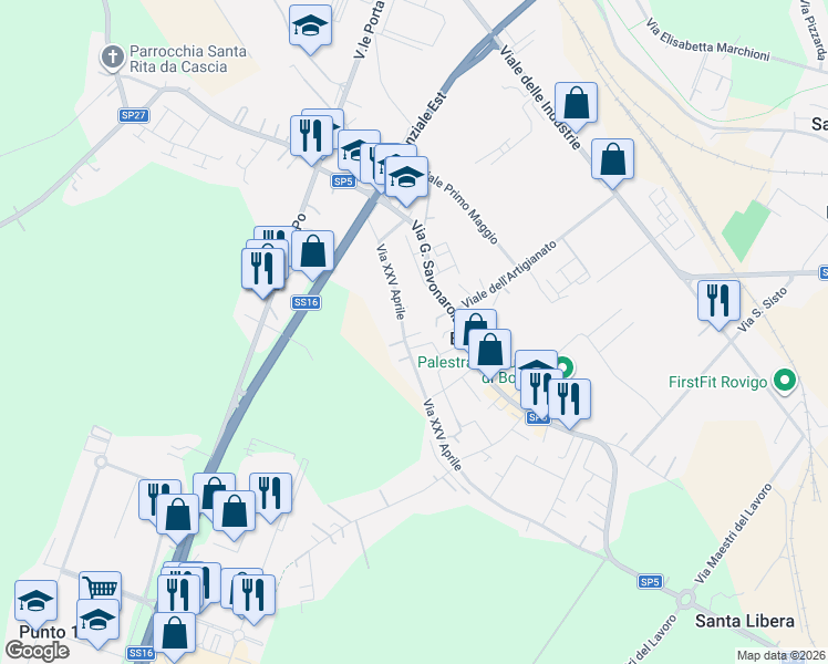 map of restaurants, bars, coffee shops, grocery stores, and more near 1 Via XXV Aprile in Rovigo