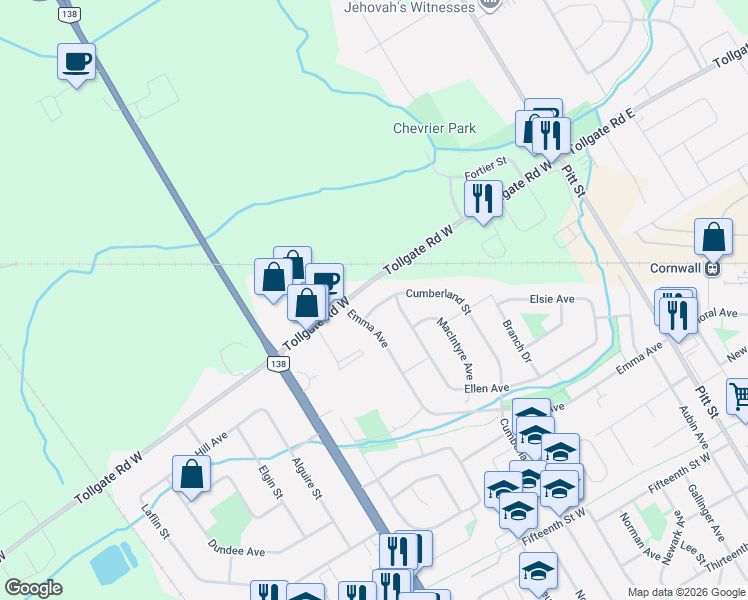 map of restaurants, bars, coffee shops, grocery stores, and more near in Cornwall