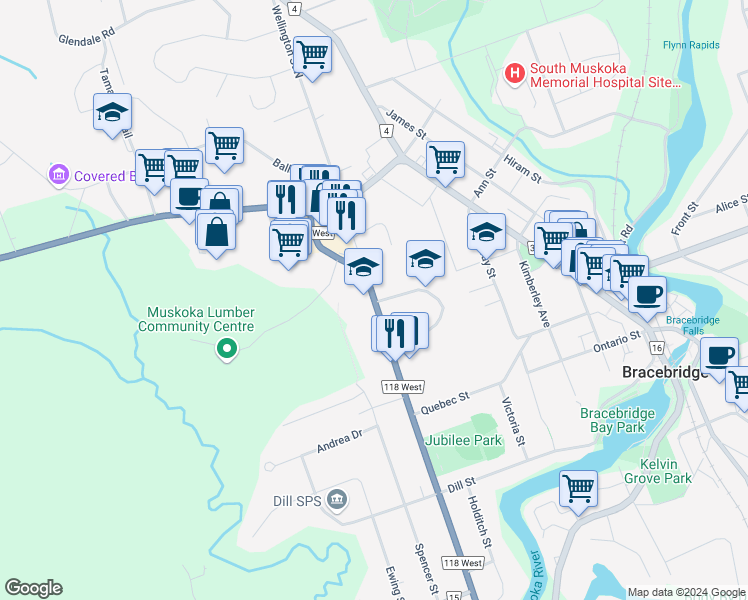 map of restaurants, bars, coffee shops, grocery stores, and more near 250 Wellington Street in Bracebridge