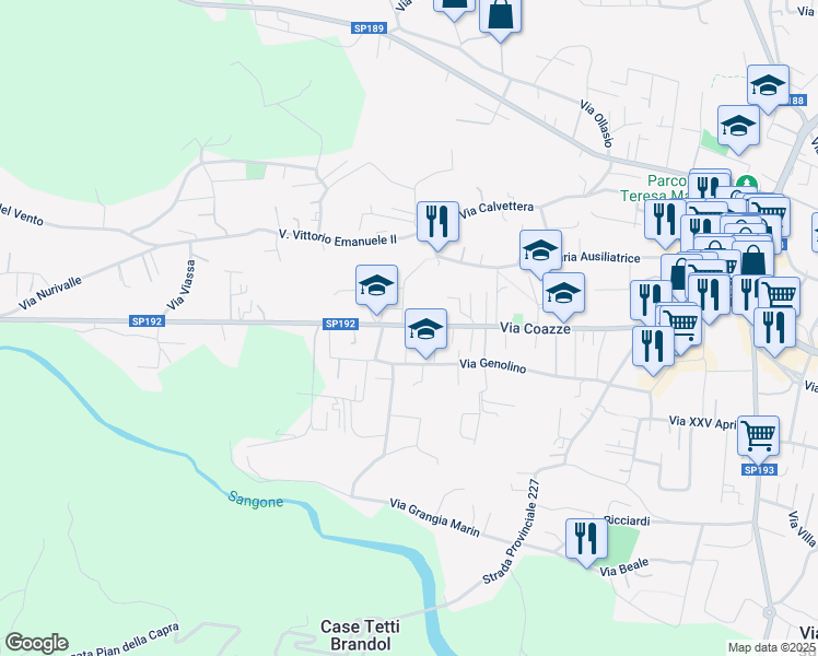 map of restaurants, bars, coffee shops, grocery stores, and more near 147 Via Coazze in Giaveno