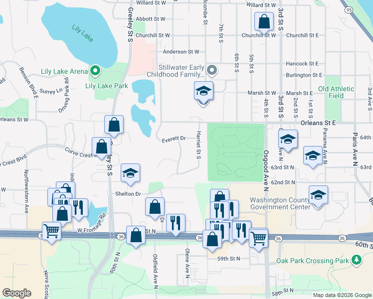 map of restaurants, bars, coffee shops, grocery stores, and more near 1612 Harriet Street South in Stillwater