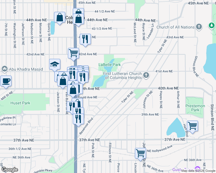 map of restaurants, bars, coffee shops, grocery stores, and more near 1117 Gould Avenue Northeast in Minneapolis