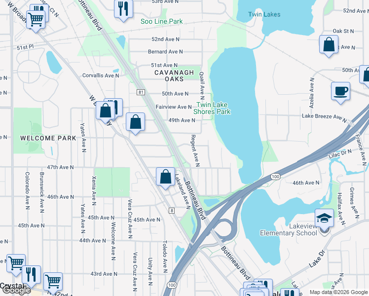 map of restaurants, bars, coffee shops, grocery stores, and more near 4710 Lakeland Avenue North in Minneapolis
