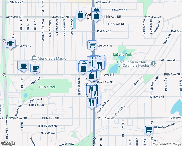 map of restaurants, bars, coffee shops, grocery stores, and more near 3980 Minnesota 65 in Columbia Heights