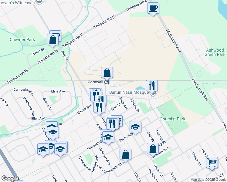 map of restaurants, bars, coffee shops, grocery stores, and more near 132 Balmoral Avenue in Cornwall
