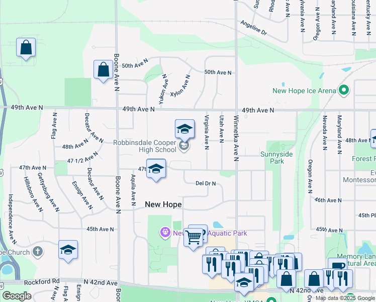 map of restaurants, bars, coffee shops, grocery stores, and more near 8230 47th Avenue North in New Hope
