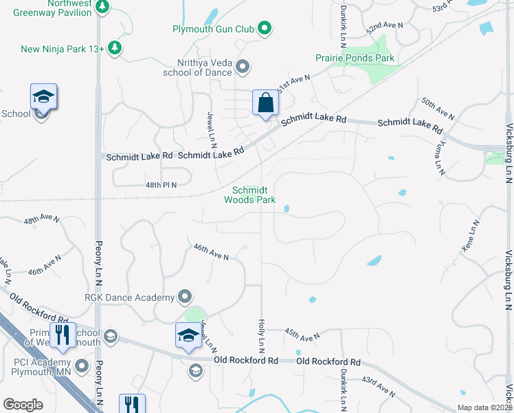 map of restaurants, bars, coffee shops, grocery stores, and more near 17185 47th Avenue North in Plymouth