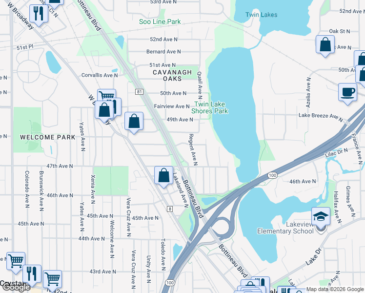 map of restaurants, bars, coffee shops, grocery stores, and more near 4710 Lakeland Avenue North in Minneapolis