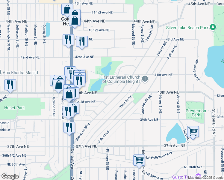 map of restaurants, bars, coffee shops, grocery stores, and more near 1231 Circle Terrace Boulevard Northeast in Minneapolis