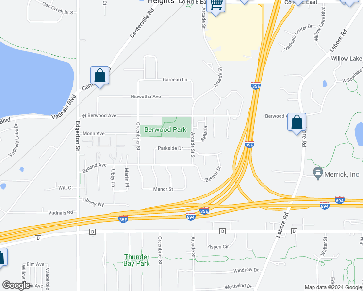 map of restaurants, bars, coffee shops, grocery stores, and more near 803 Parkside Drive in Vadnais Heights