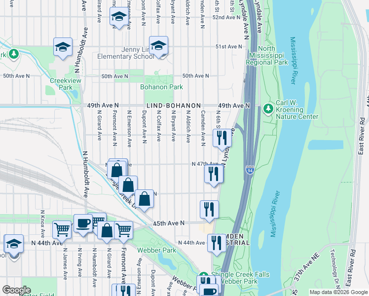map of restaurants, bars, coffee shops, grocery stores, and more near 4758 North Bryant Avenue in Minneapolis
