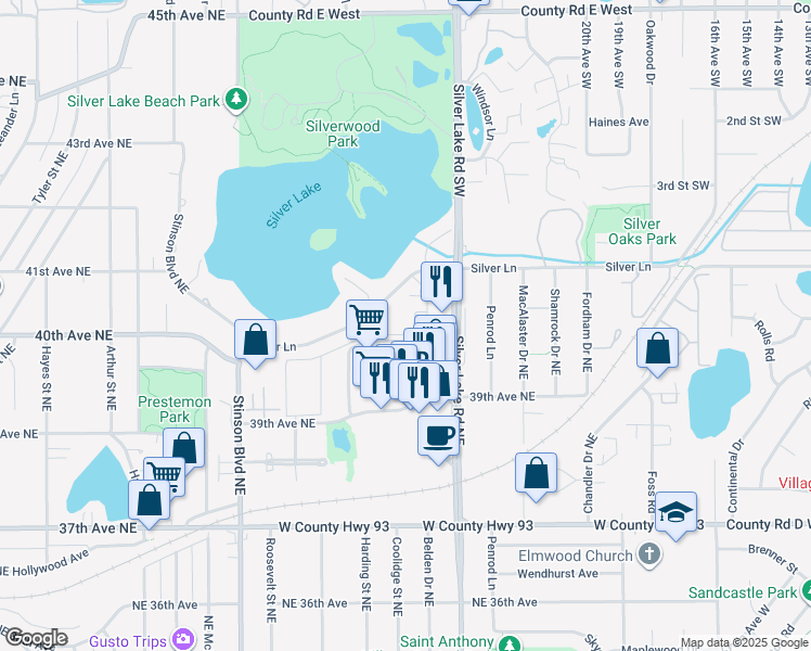map of restaurants, bars, coffee shops, grocery stores, and more near 2804 Silver Lane in Saint Anthony