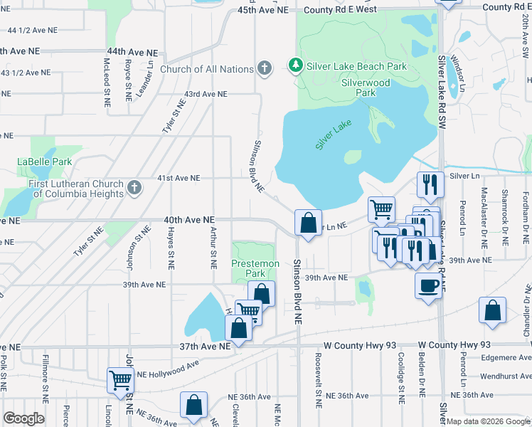map of restaurants, bars, coffee shops, grocery stores, and more near 4062 Northeast Stinson Boulevard in Columbia Heights