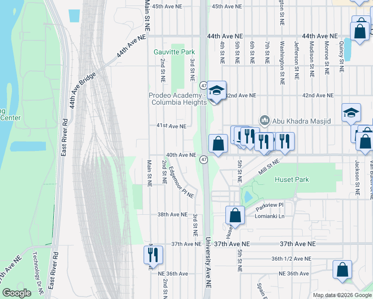 map of restaurants, bars, coffee shops, grocery stores, and more near 325 Karen Lane Northeast in Minneapolis