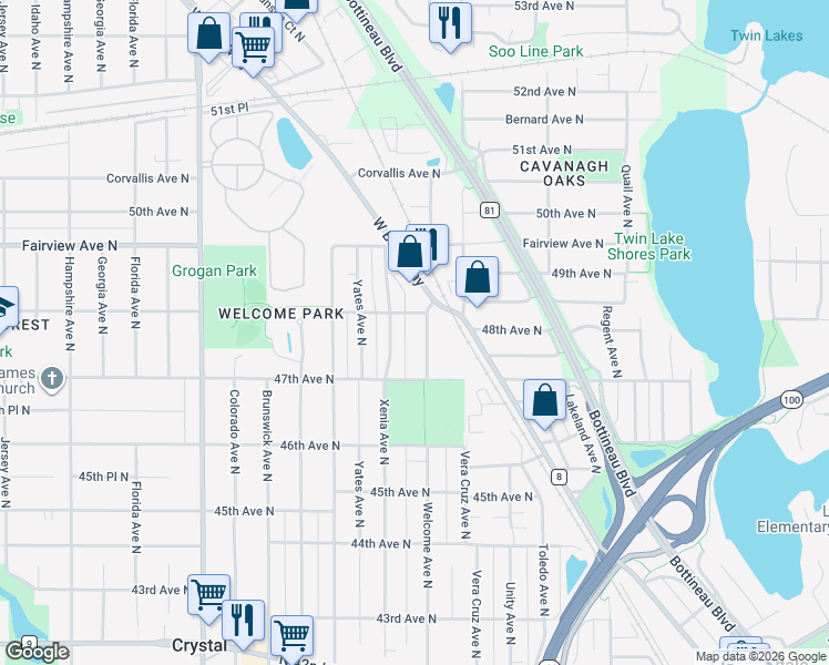 map of restaurants, bars, coffee shops, grocery stores, and more near 4800 Xenia Avenue North in Minneapolis