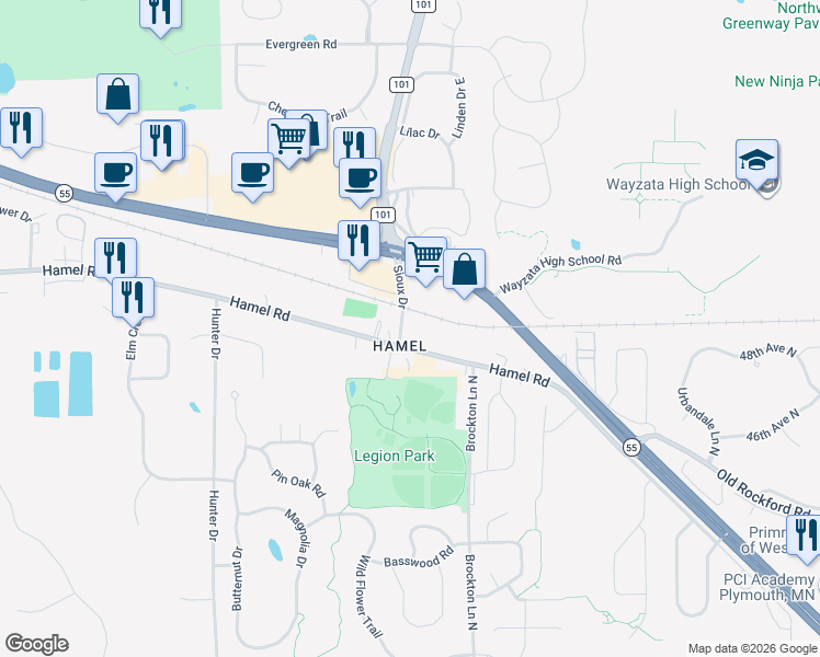 map of restaurants, bars, coffee shops, grocery stores, and more near 3502 Sioux Drive in Medina