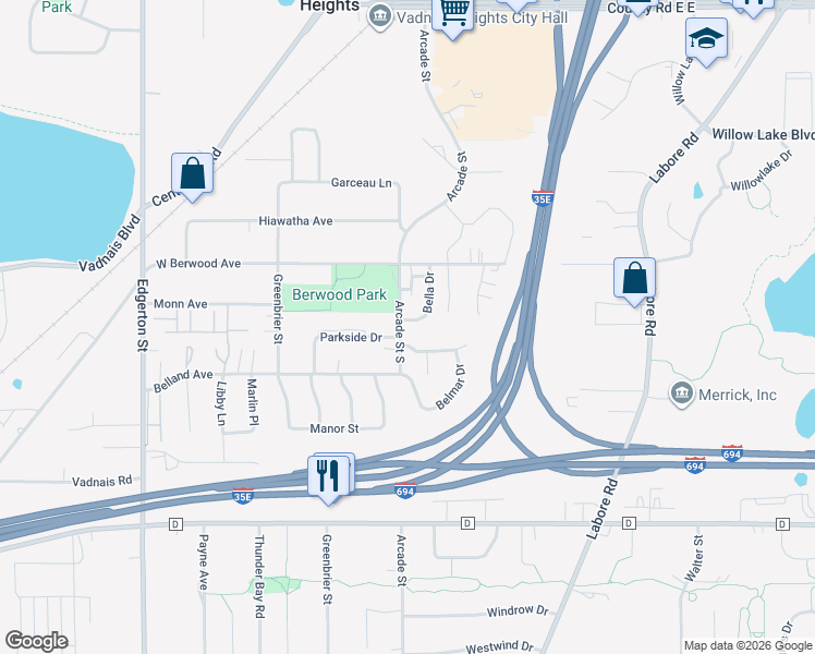 map of restaurants, bars, coffee shops, grocery stores, and more near 3306 Arcade Street in Vadnais Heights