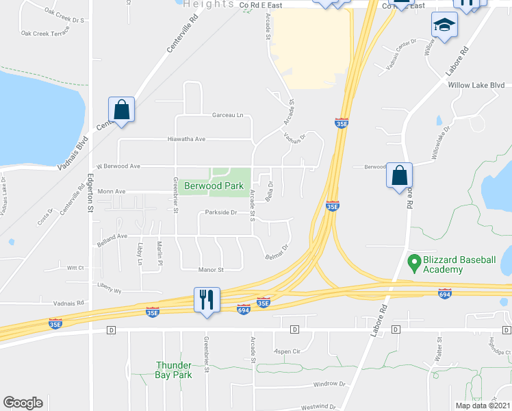 map of restaurants, bars, coffee shops, grocery stores, and more near 3306 Arcade Street South in Vadnais Heights