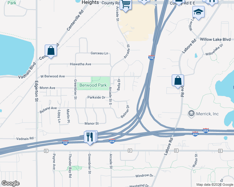 map of restaurants, bars, coffee shops, grocery stores, and more near 3306 Arcade Street South in Vadnais Heights