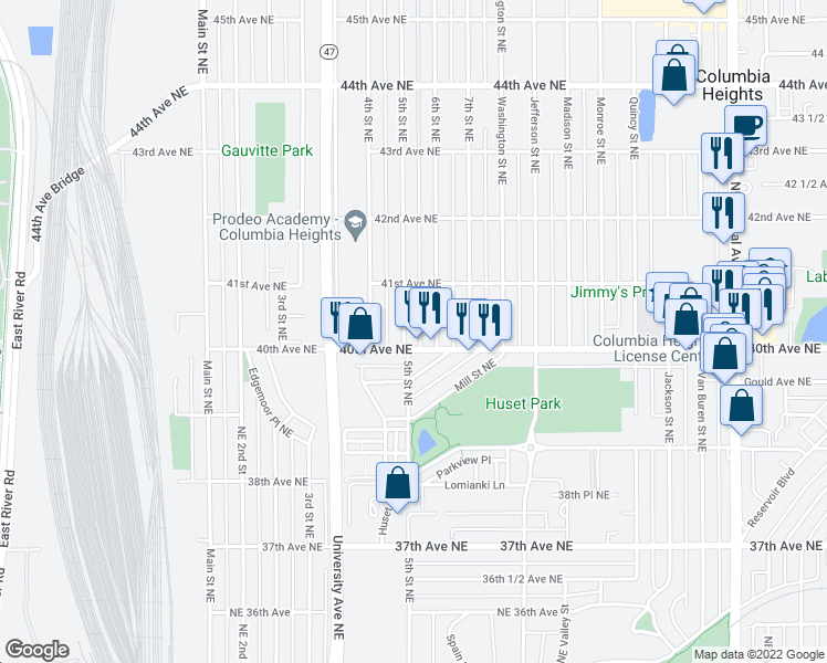 map of restaurants, bars, coffee shops, grocery stores, and more near 4015 5th Street Northeast in Minneapolis