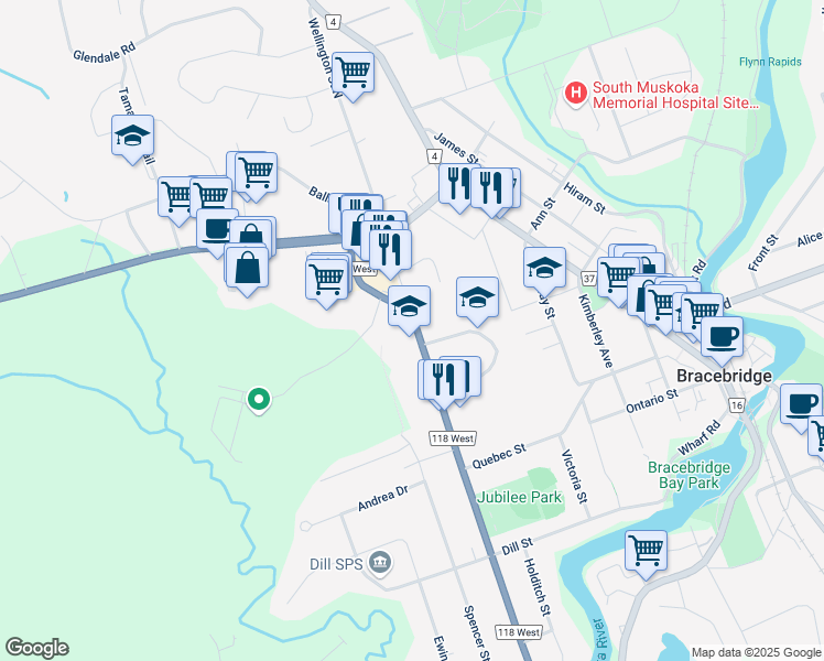 map of restaurants, bars, coffee shops, grocery stores, and more near 250 Wellington Street in Bracebridge