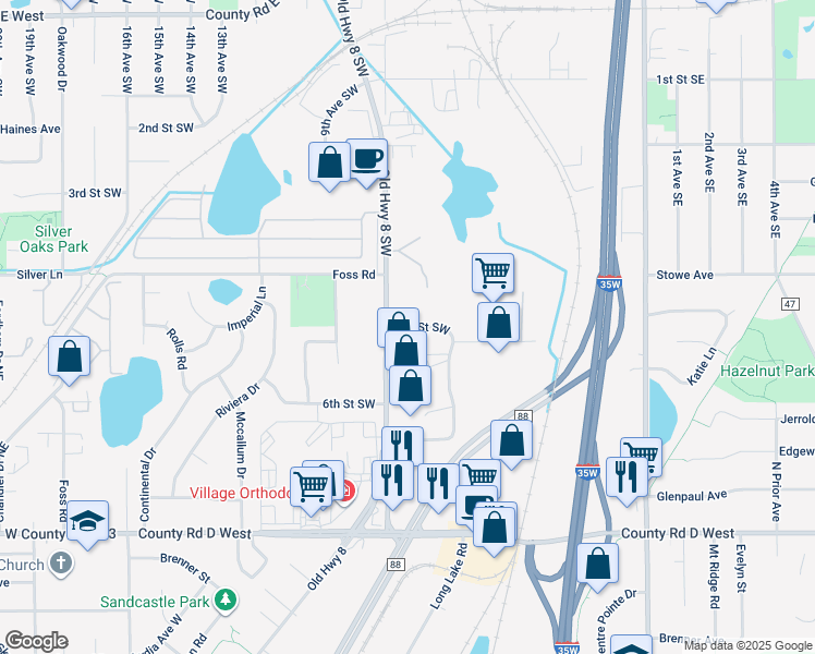 map of restaurants, bars, coffee shops, grocery stores, and more near 710 5th Street Southwest in New Brighton