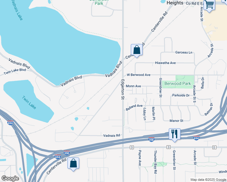 map of restaurants, bars, coffee shops, grocery stores, and more near 3315 Centerville Road in Vadnais Heights