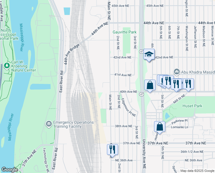 map of restaurants, bars, coffee shops, grocery stores, and more near 4036 Main Street Northeast in Fridley