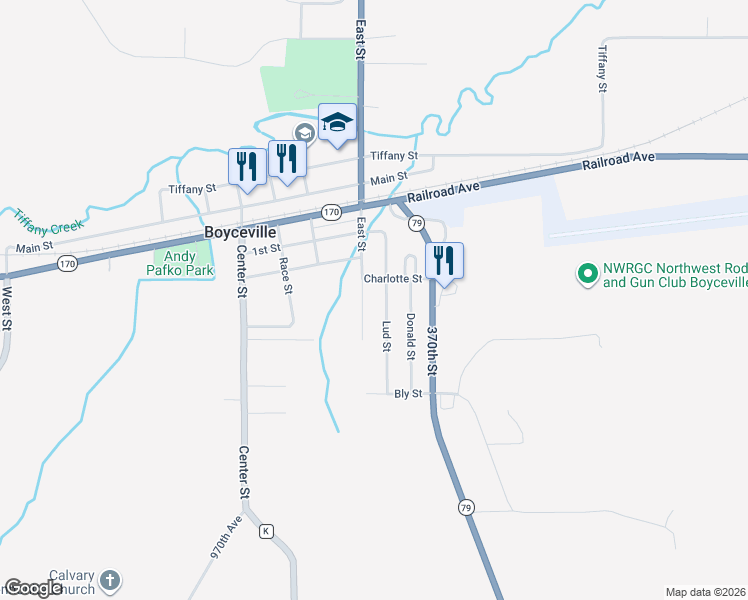 map of restaurants, bars, coffee shops, grocery stores, and more near 1106 Charlotte Street in Boyceville