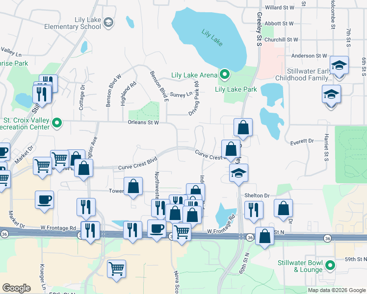 map of restaurants, bars, coffee shops, grocery stores, and more near 1370 Curve Crest Blvd W in Stillwater