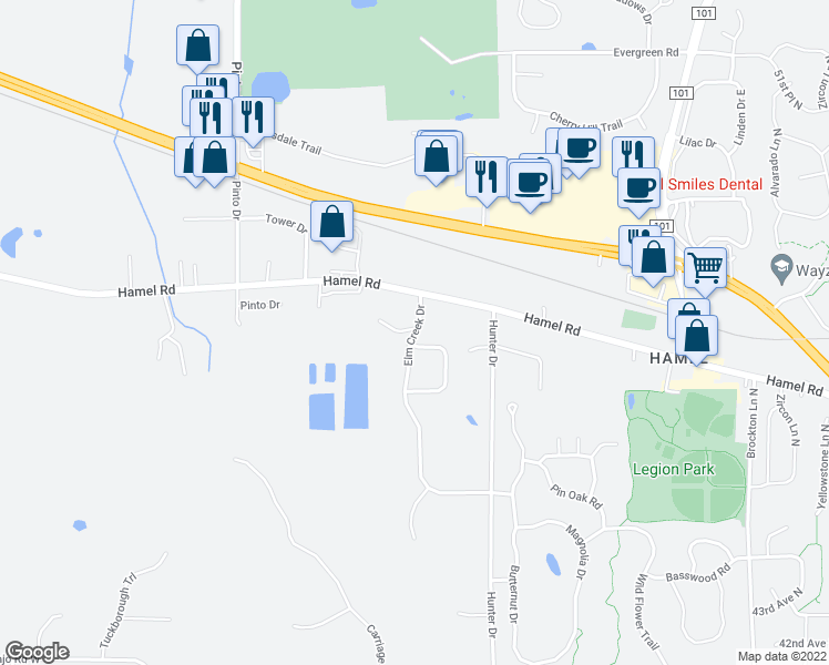 map of restaurants, bars, coffee shops, grocery stores, and more near 3465 Elm Creek Drive in Medina