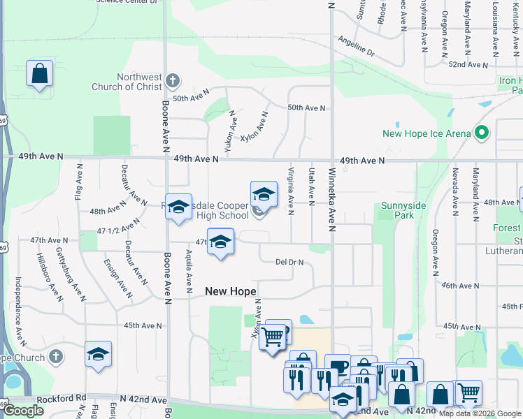 map of restaurants, bars, coffee shops, grocery stores, and more near 8230 47th Avenue North in New Hope