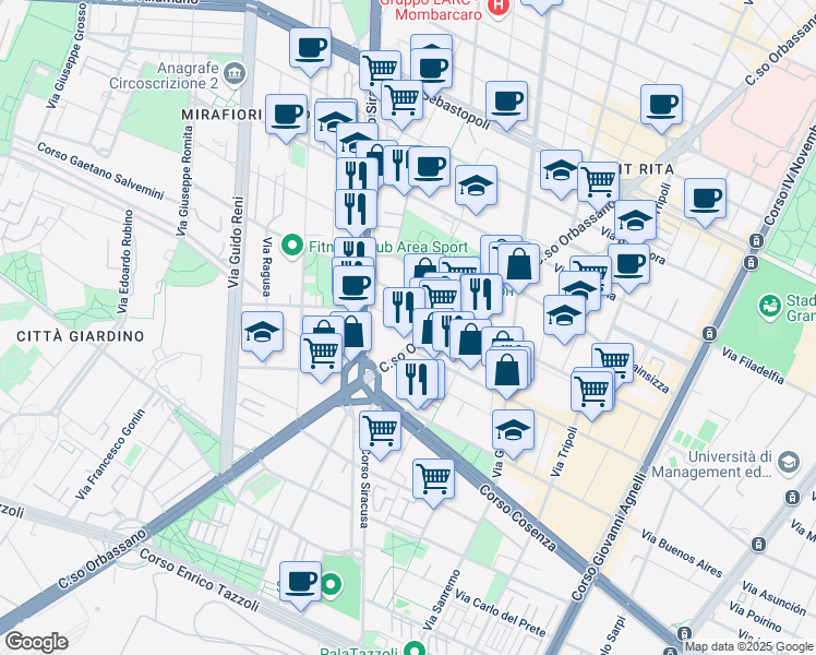 map of restaurants, bars, coffee shops, grocery stores, and more near 224 Corso Orbassano in Torino