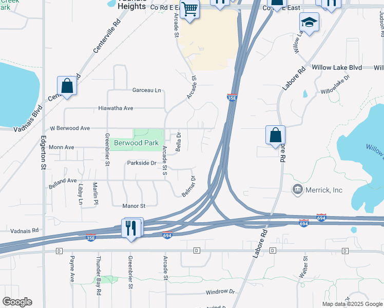 map of restaurants, bars, coffee shops, grocery stores, and more near 3332 Berwood Court West in Saint Paul