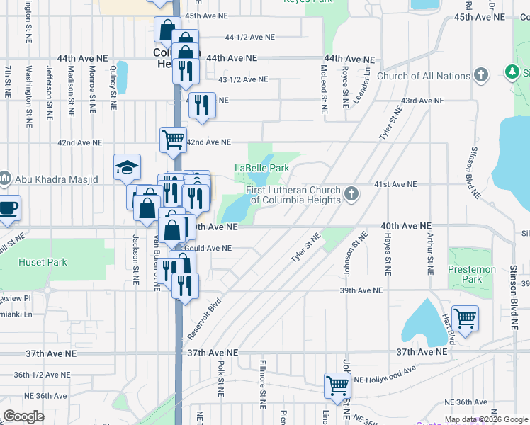 map of restaurants, bars, coffee shops, grocery stores, and more near 1231 Circle Terrace Boulevard Northeast in Minneapolis