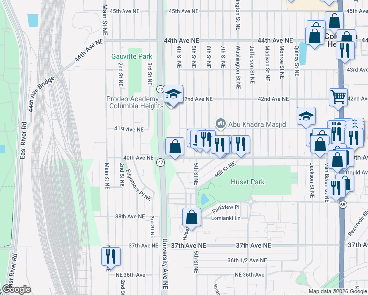 map of restaurants, bars, coffee shops, grocery stores, and more near 4033 4th Street Northeast in Minneapolis