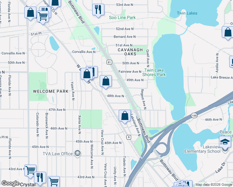 map of restaurants, bars, coffee shops, grocery stores, and more near 5309 Lakeside Avenue North in Minneapolis