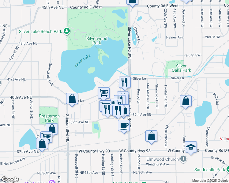 map of restaurants, bars, coffee shops, grocery stores, and more near 2804 Silver Lane in Saint Anthony