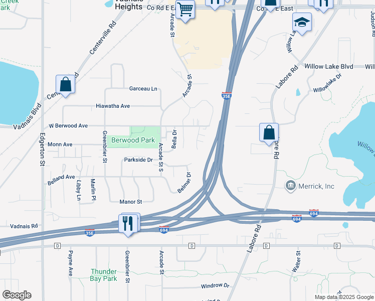 map of restaurants, bars, coffee shops, grocery stores, and more near 3314 Berwood Court West in Vadnais Heights