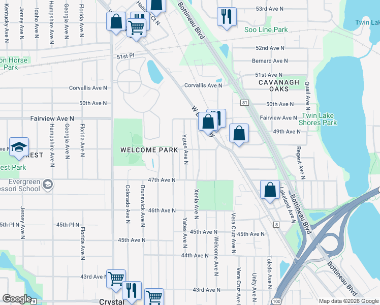 map of restaurants, bars, coffee shops, grocery stores, and more near 4800 Yates Avenue North in Minneapolis