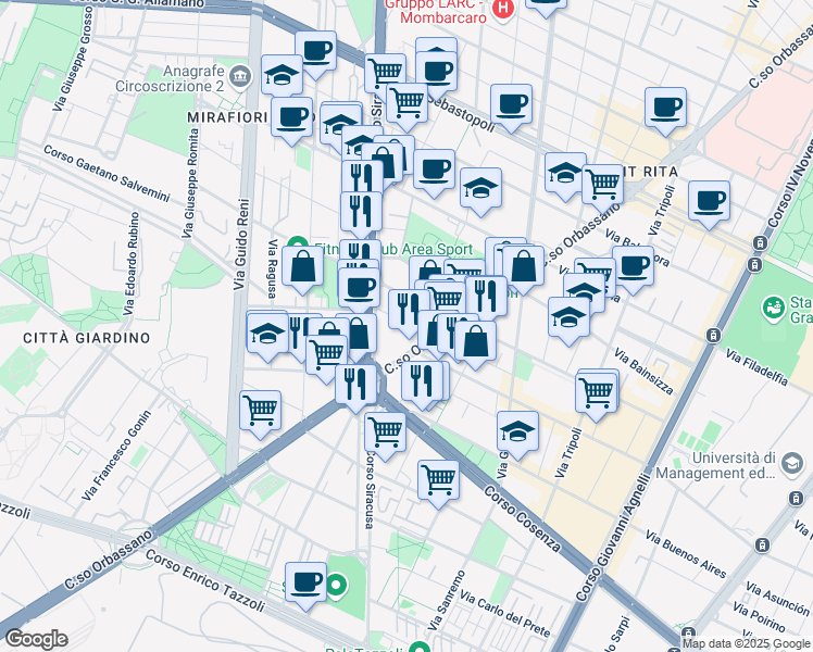 map of restaurants, bars, coffee shops, grocery stores, and more near Corso Orbassano 224 in Torino