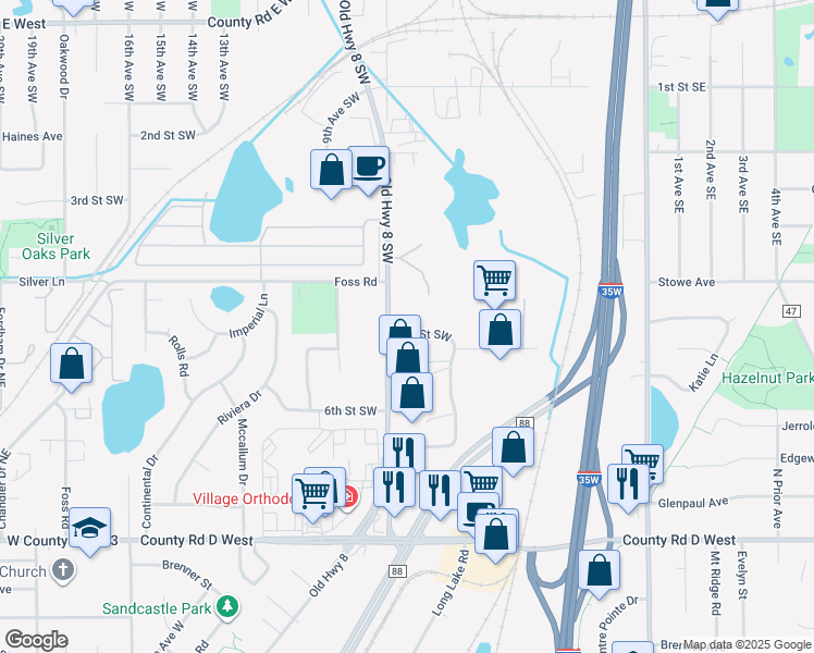 map of restaurants, bars, coffee shops, grocery stores, and more near 710 5th Street Southwest in New Brighton